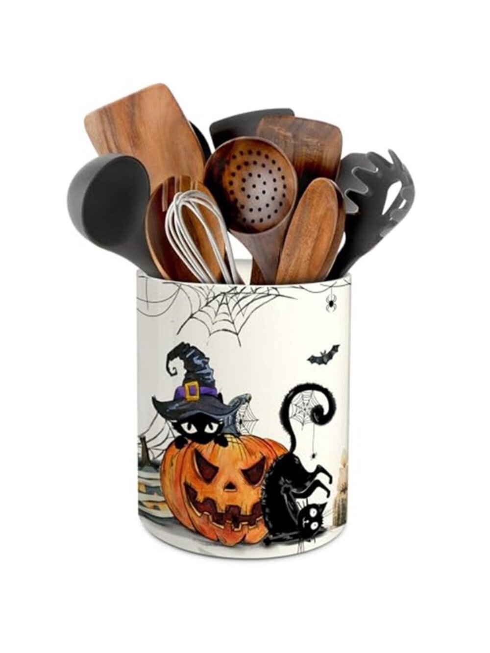 Halloween Kitchen Decor, Ceramic Halloween Cat Utensil Holder